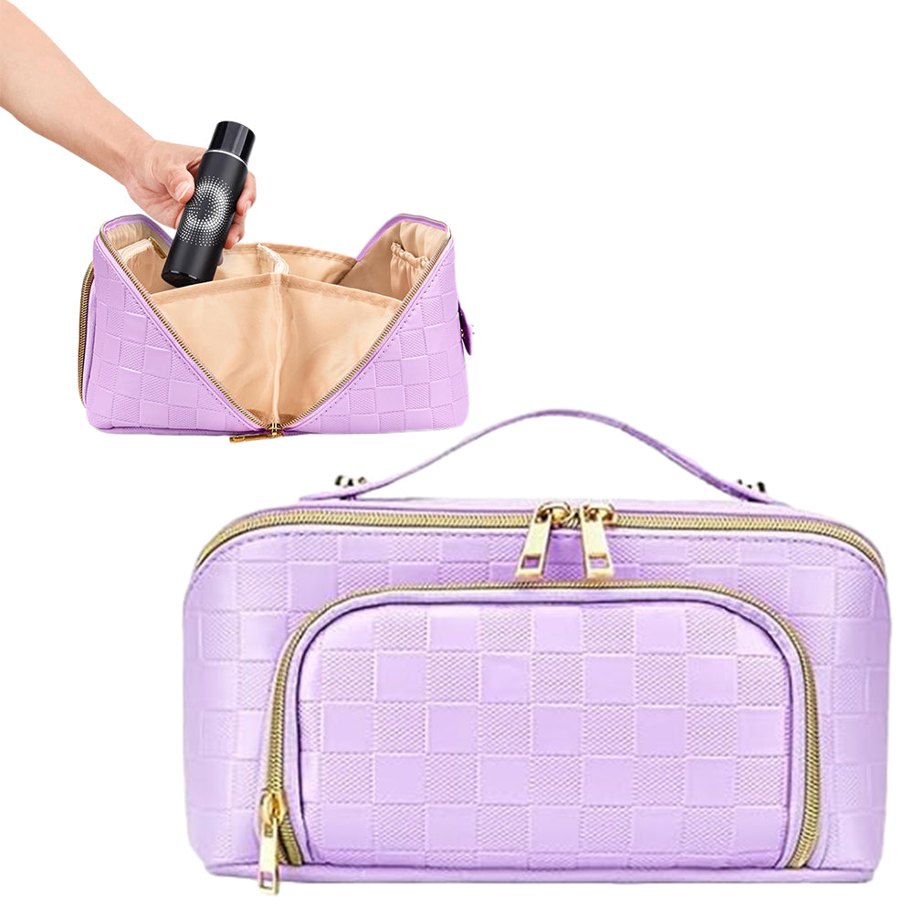 Large Capacity PU Leather Water-Resistant Checkered Cosmetic Bag Travel Makeup Bag