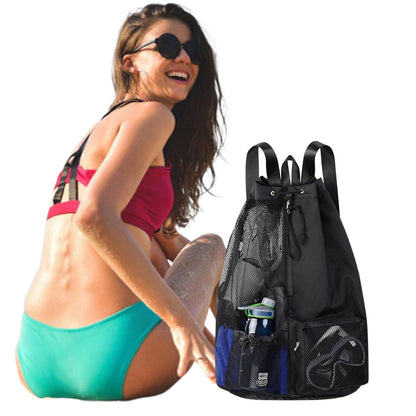 Drawstring Backpack Mesh Beach Backpack Portable Swim Gym Bag Travel Rucksack
