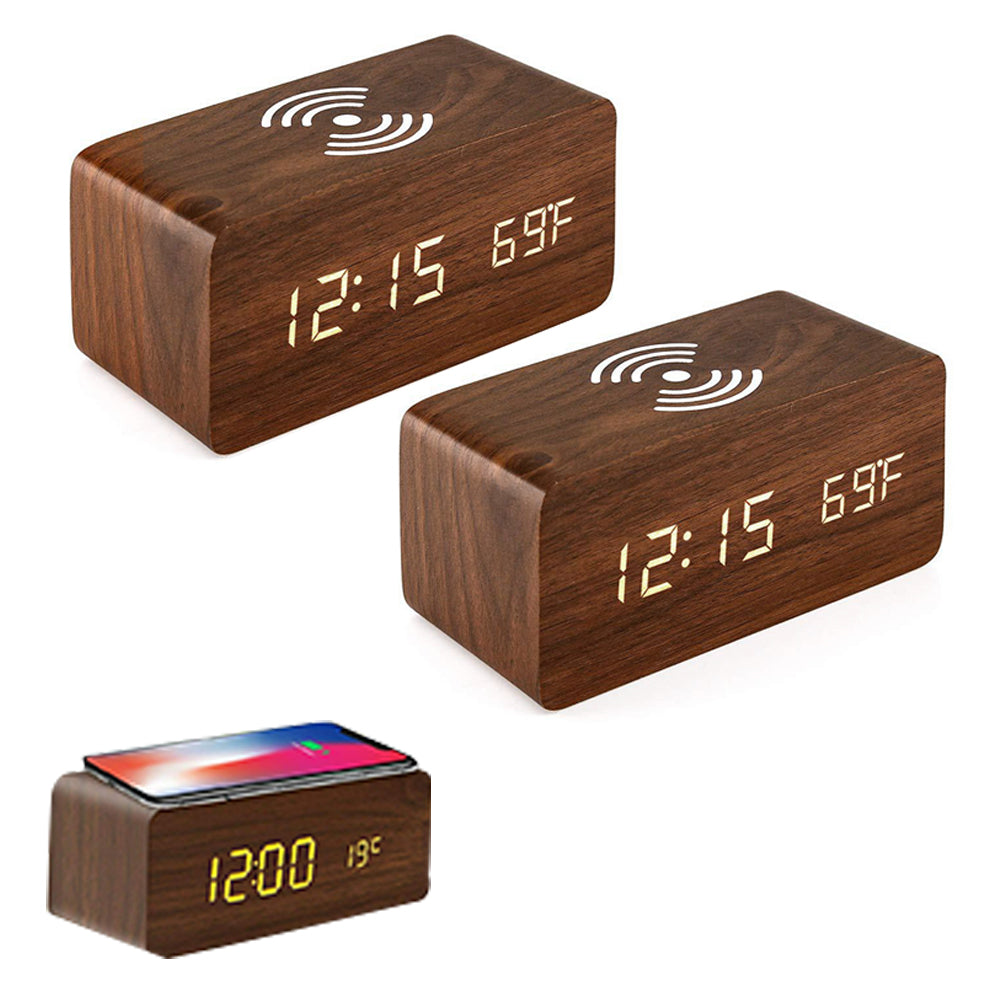 2Pcs Wooden Digital Alarm Clock with Wireless Charger