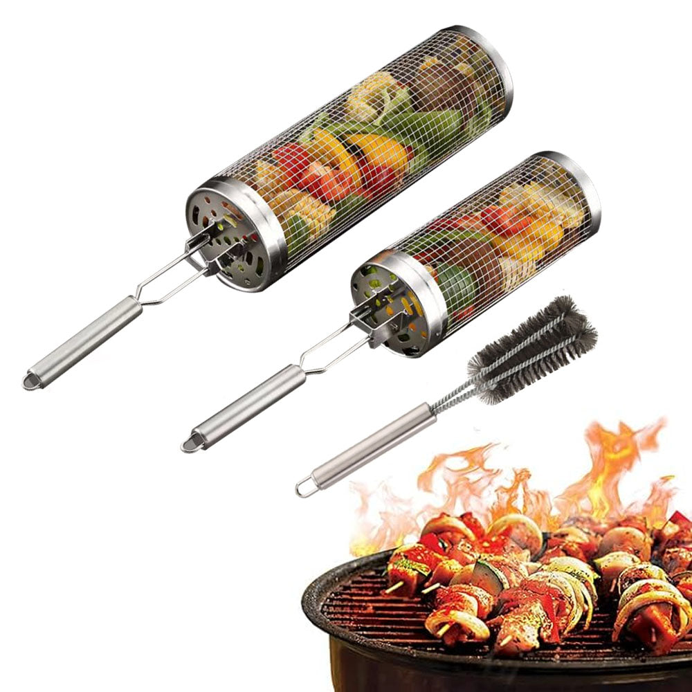 Set Of 3 Rolling Grill Basket BBQ Net Cylinder Barbecue Grilling Tube Cage