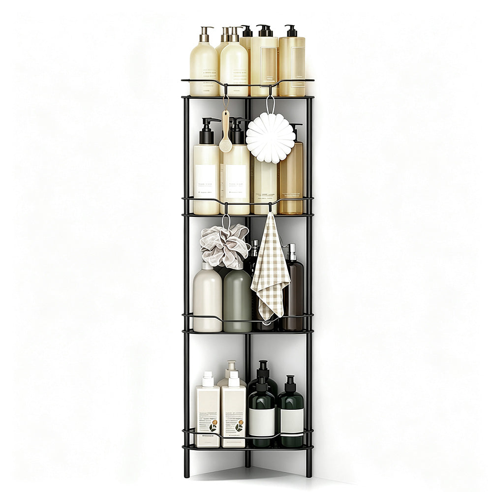 4 Tier No Drill Corner Shower Shelf with Hooks