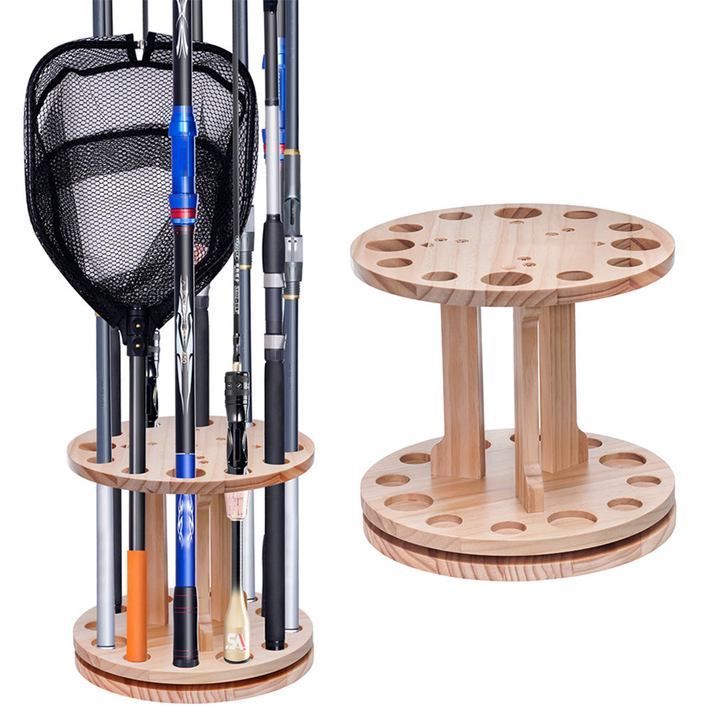 360 Degree Rotating Engineered Wood Floor Fishing Rod Rack Holds 12 Rods