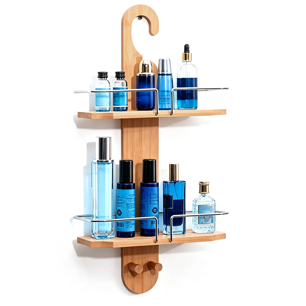 2 Tier Bamboo Shower Caddy with Drain Holes Hanging Organizer for Bathroom