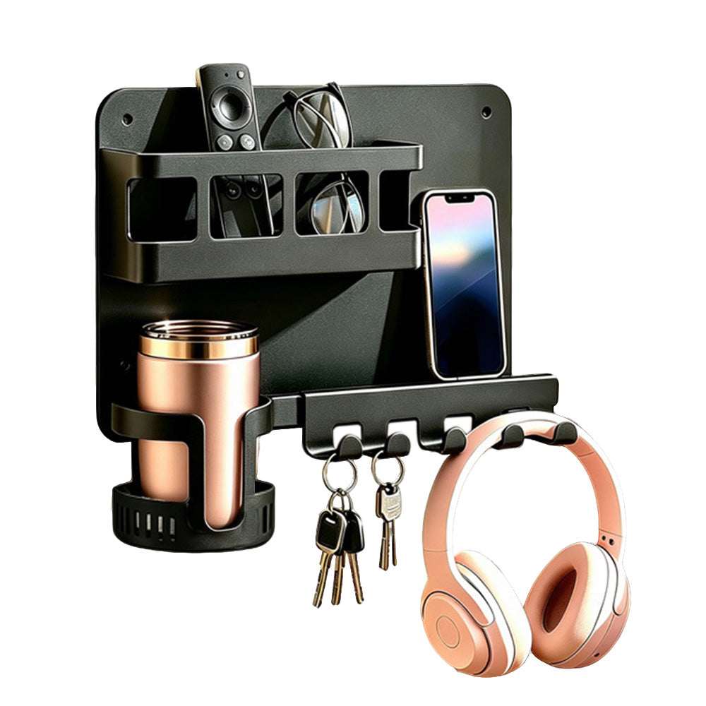 Hanging Metal Bedside Wall Shelf with Cup Holder Hooks Wall Organizer for Bedroom Bathroom Kitchen