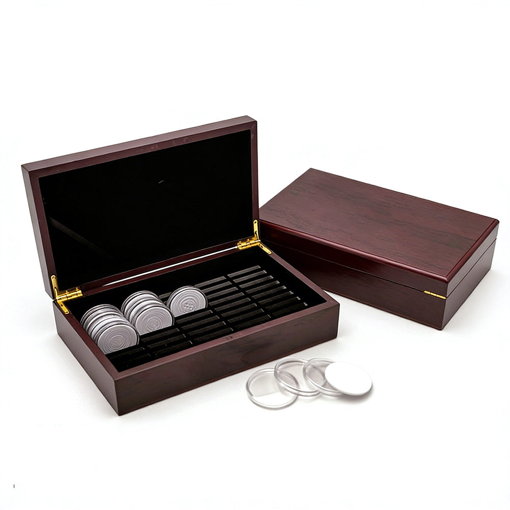 50PCS Coin Capsules Storage Box with Wooden Case Holder Collection Display Organizer