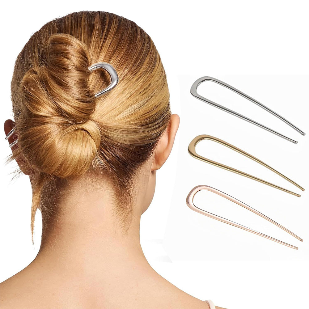 3Pc U-Shaped Double Prong Hair Pins Metal Hair Forks for Women Updos and Buns