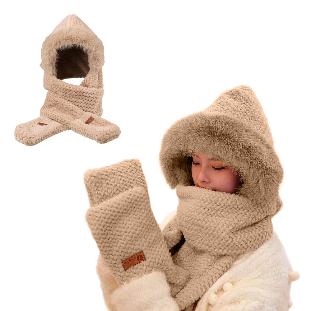 3-in-1 Winter Warm Plush Hooded Scarf Hat and Gloves