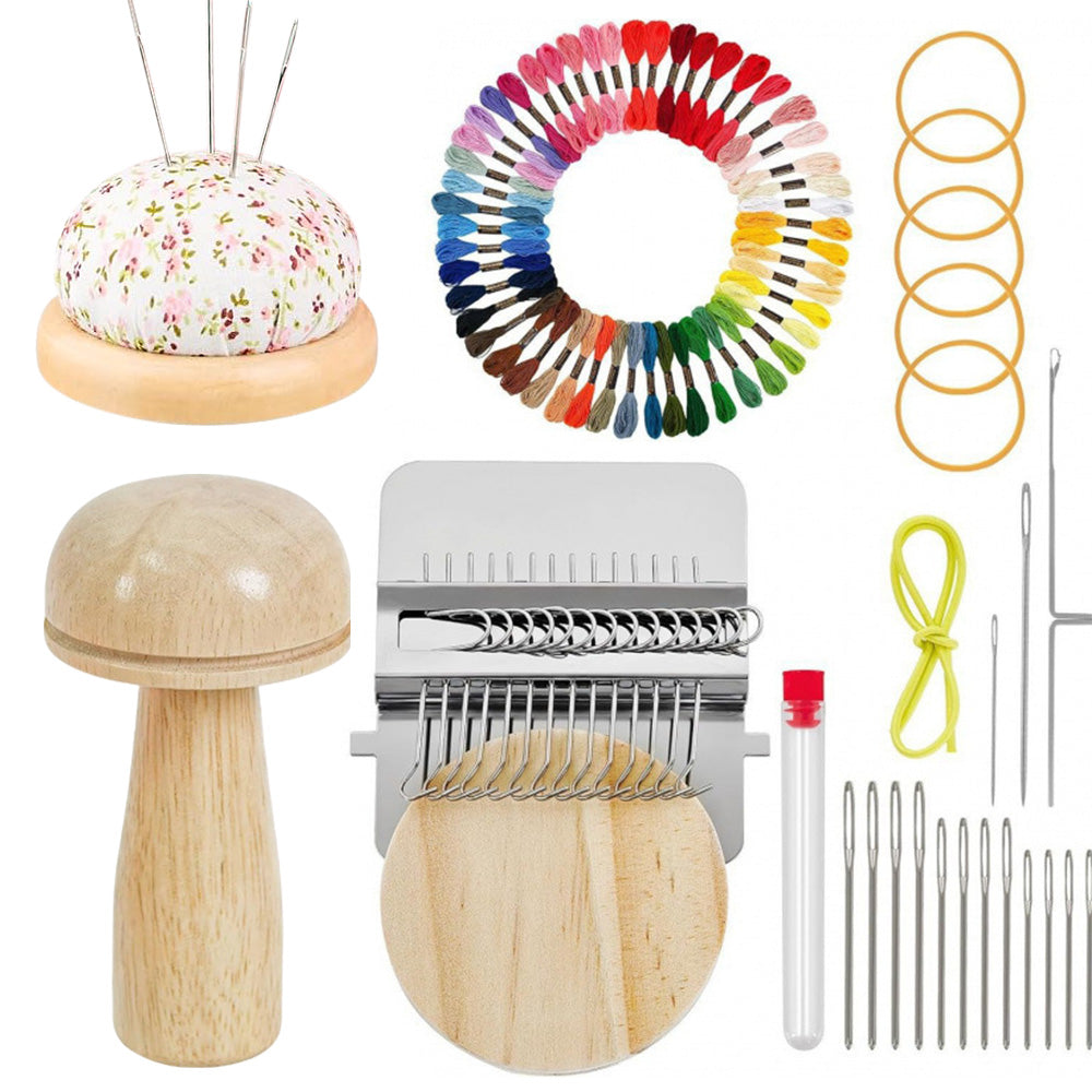Mini Wood Composite Knitting Loom Darning Mushroom and 50 Color Thread Kit