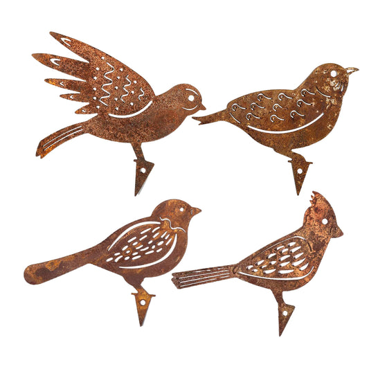 4Pcs Rusty Metal Birds Fence Garden Stake