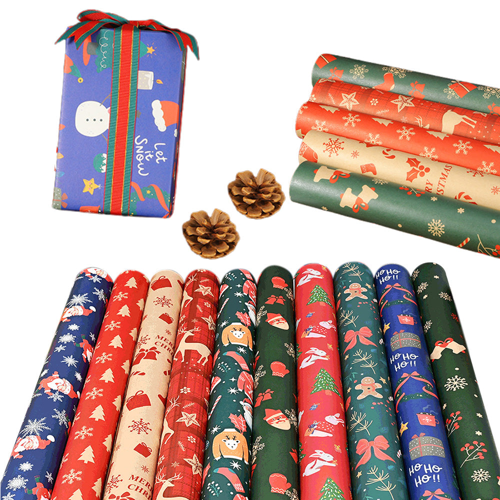 10Pcs Christmas Wrapping Paper Christmas Present Wrap Rolls Cute Traditional Xmas Wrap Paper