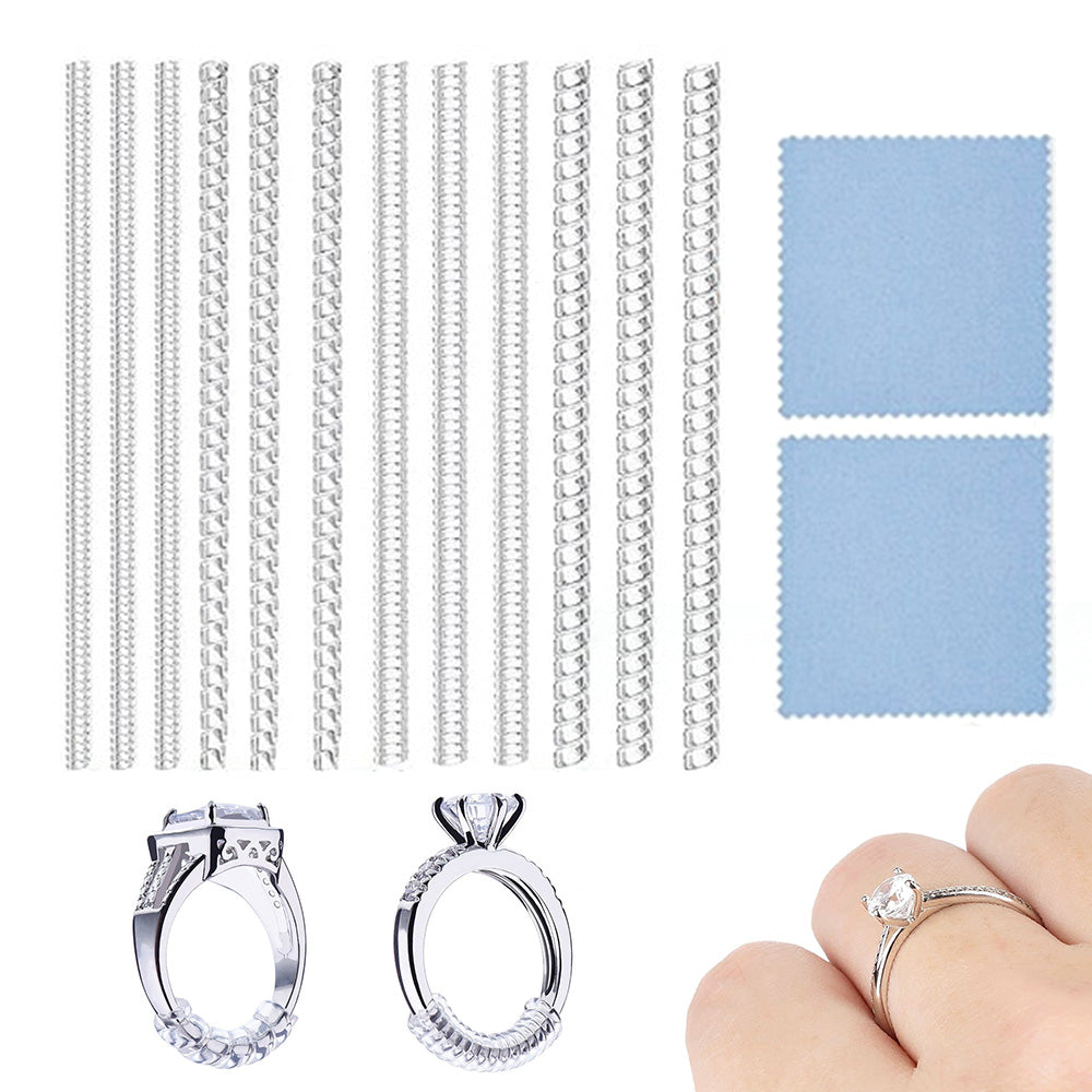 12 Pack Clear Ring Size Adjusters for Loose Rings with 2 Cleaning Cloths for Men Women