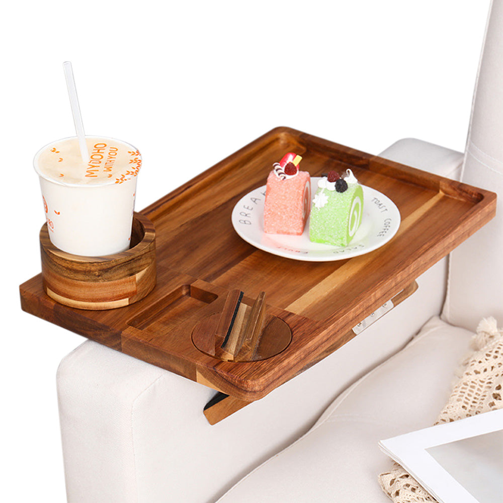 3-in-1 Wooden Sofa Arm Tray with Rotating Phone Holder and Cup Slot