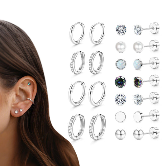 11Pairs Hypoallergenic Stud Hoop Earrings for Women Trendy Silver Hoops Cartilage Earring Stacks Set