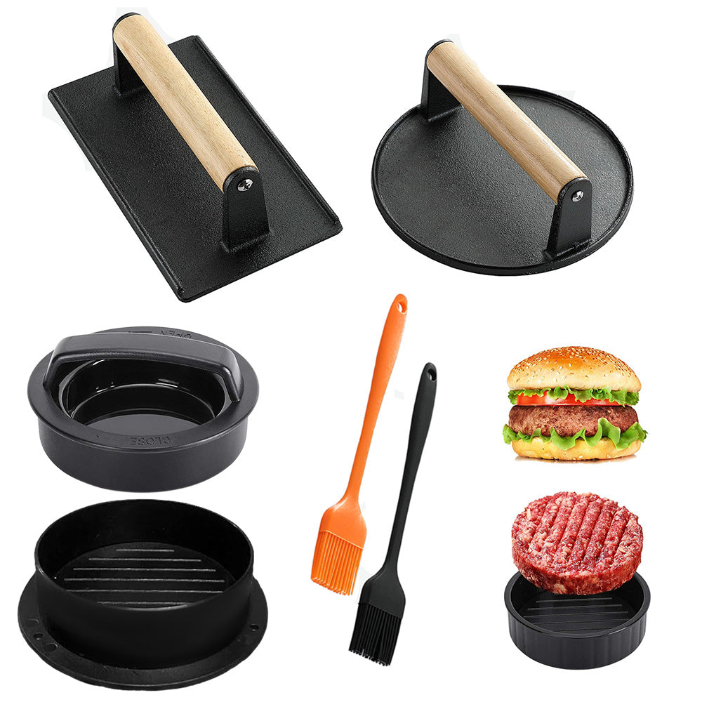 Smash Burger Press Kit With Stuffed Mold And Cast Iron Burger Press And Sauce Brush
