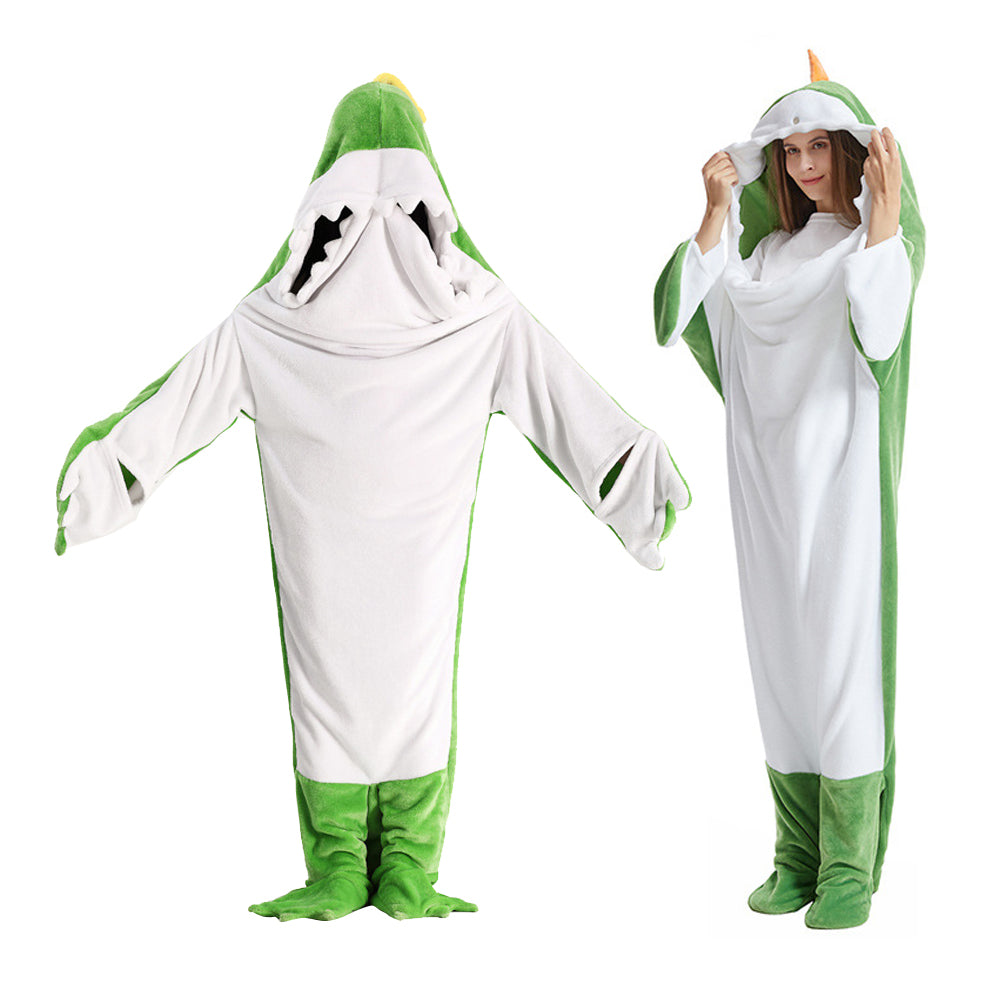 2Pcs Cartoon Dinosaur Adult Wearable Flannel Hoodie Sleep Blanket