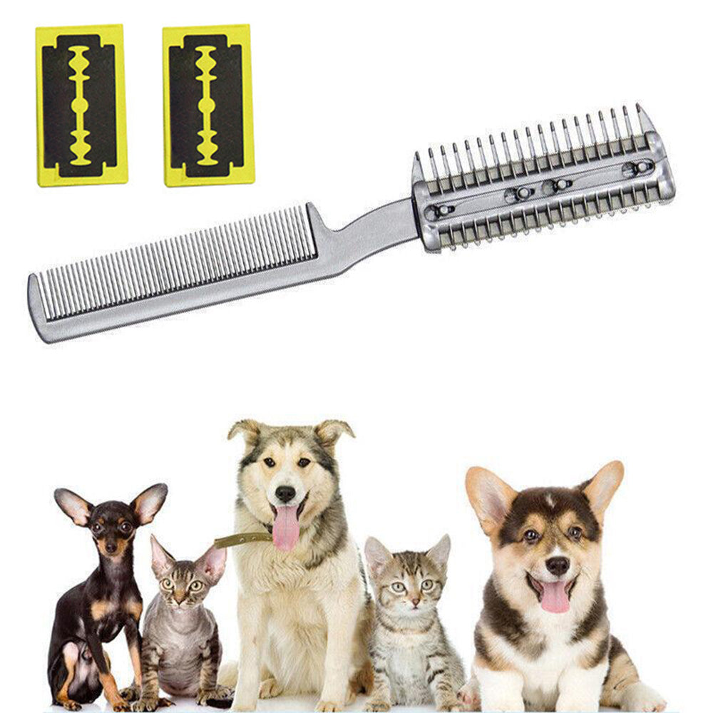 Two Sided Pet Grooming Comb with Razor for Dog Cat Fur Trimming and Thinning