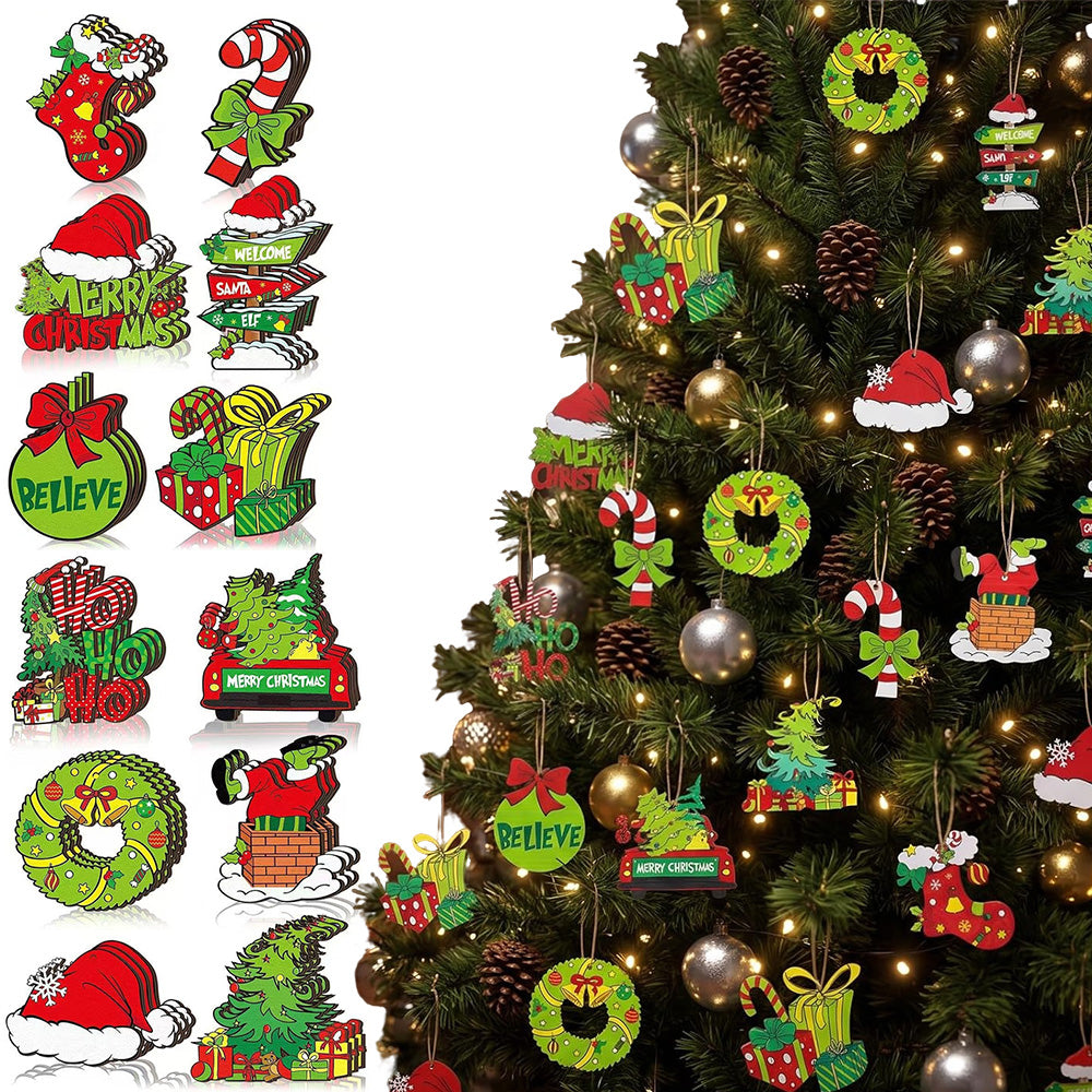 36 Piece Engineered Wood Christmas Tree Ornaments with Hanging Twine