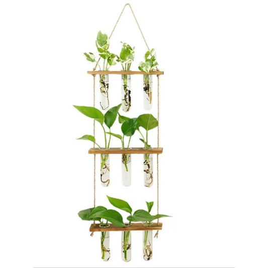 3 Tiered Wall Hanging Terrarium With Wooden Stand Hanging Tube Glass Vases