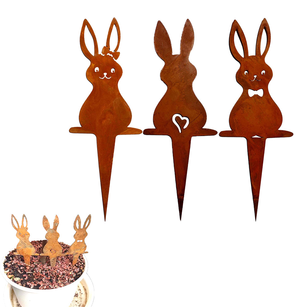 3Pcs Rust Easter Bunny Metal Garden Stake