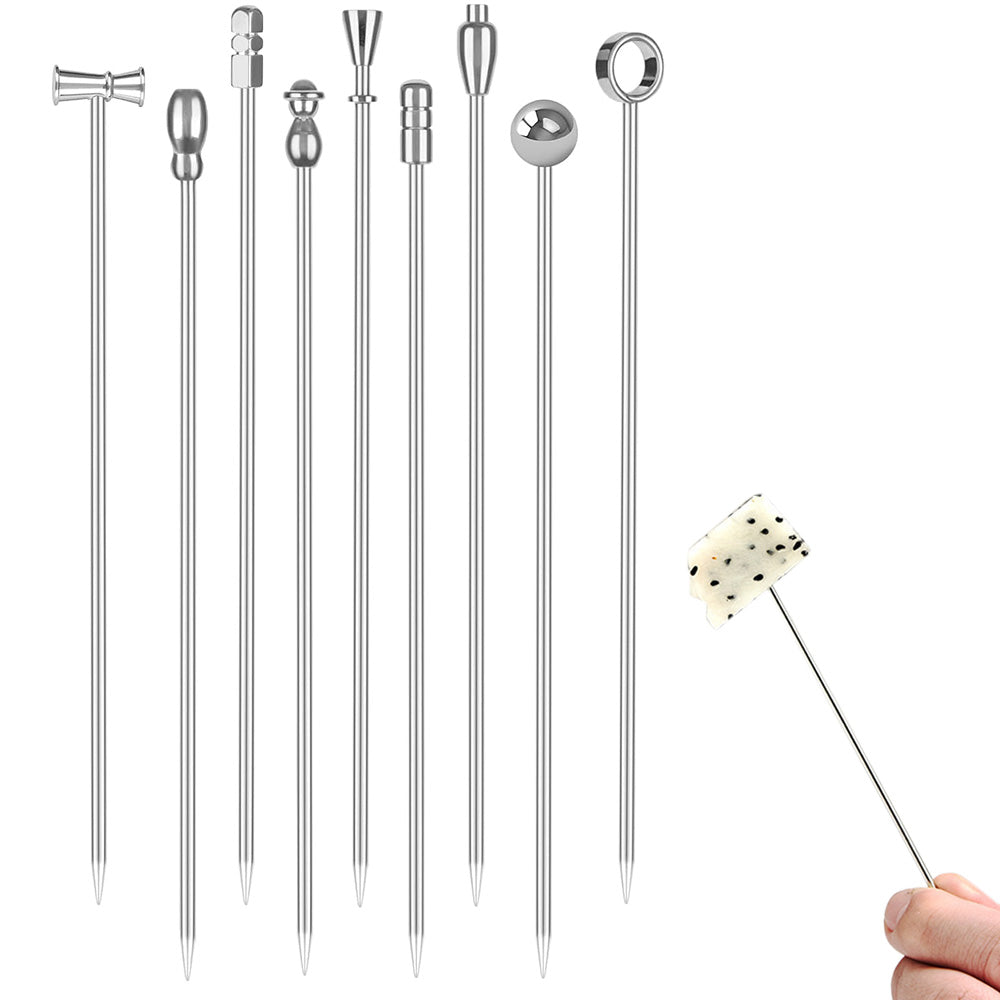 9PCS Stainless Steel Fruit Picks Reusable Metal Cocktail Appetizer Skewers
