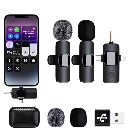 3 in1 Dual Wireless Microphone Lavalier Microphone for Android iPhone Camera Vlog Live
