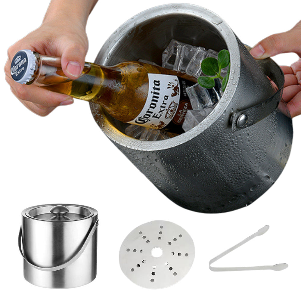 2L Ice Bucket with Tong and Lid Insulated Double Walled Stainless Steel Cooler with Strainer