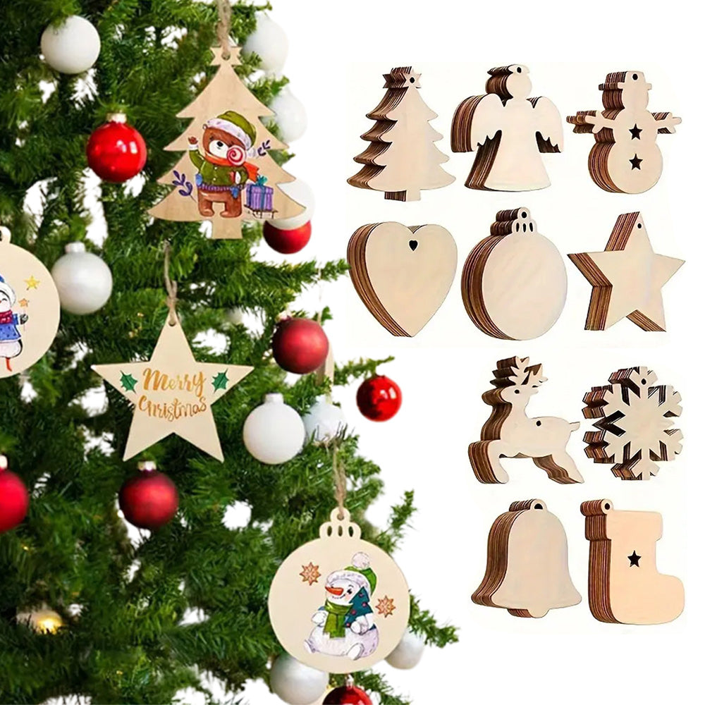 100Pcs Wooden Christmas Tree Decorations Assorted Blank Shapes for Painting