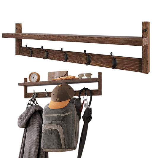 Wooden Coat Rack Wall Mount with Shelf 5 Hooks for Hanging Clothes