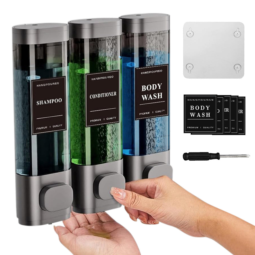 No-Drill Wall-Mounted Triple Soap Dispenser for Bathroom Shampoo Conditioner & Body Wash