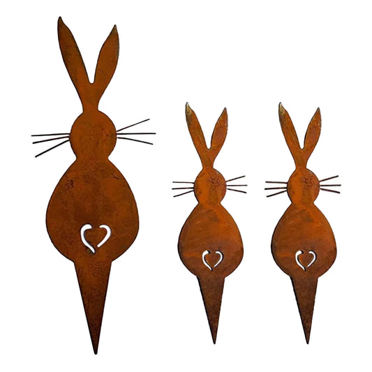 3Pcs Rust Easter Bunny Metal Garden Stake