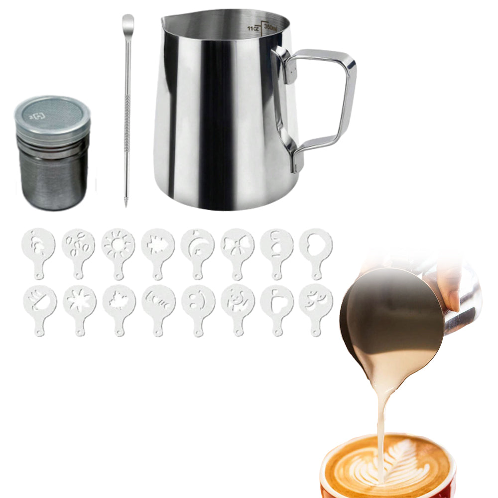 350ml Stainless Steel Milk Frothing Jug Kit with Powder Shaker