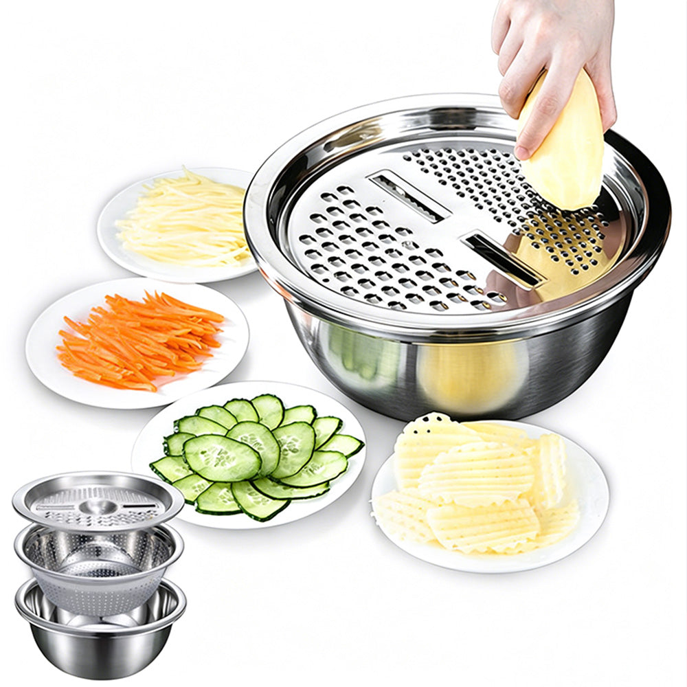 3Pcs Stainless Steel Vegetable Cutter Bowl Set with Grater and Strainer