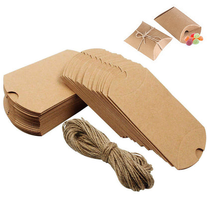 50 Pack Kraft Paper Pillow Gift Boxes with Ribbons for Weddings and Parties