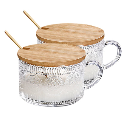 2PCS Vintage Embossed Coffee Mugs With Lid And Spoon For Tea Milk