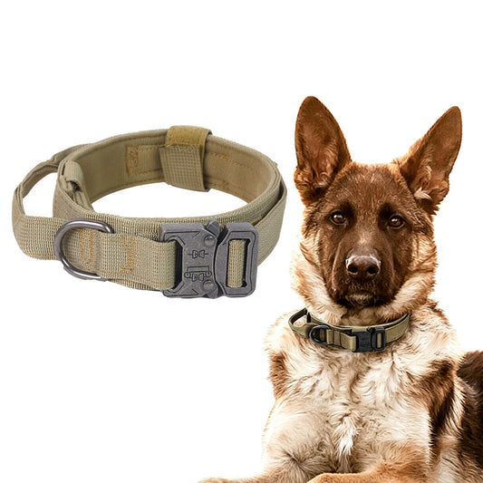 Adjustable Dog Collar with Handle Tactical Nylon Pet Collar for Medium Large Dogs-Khaki