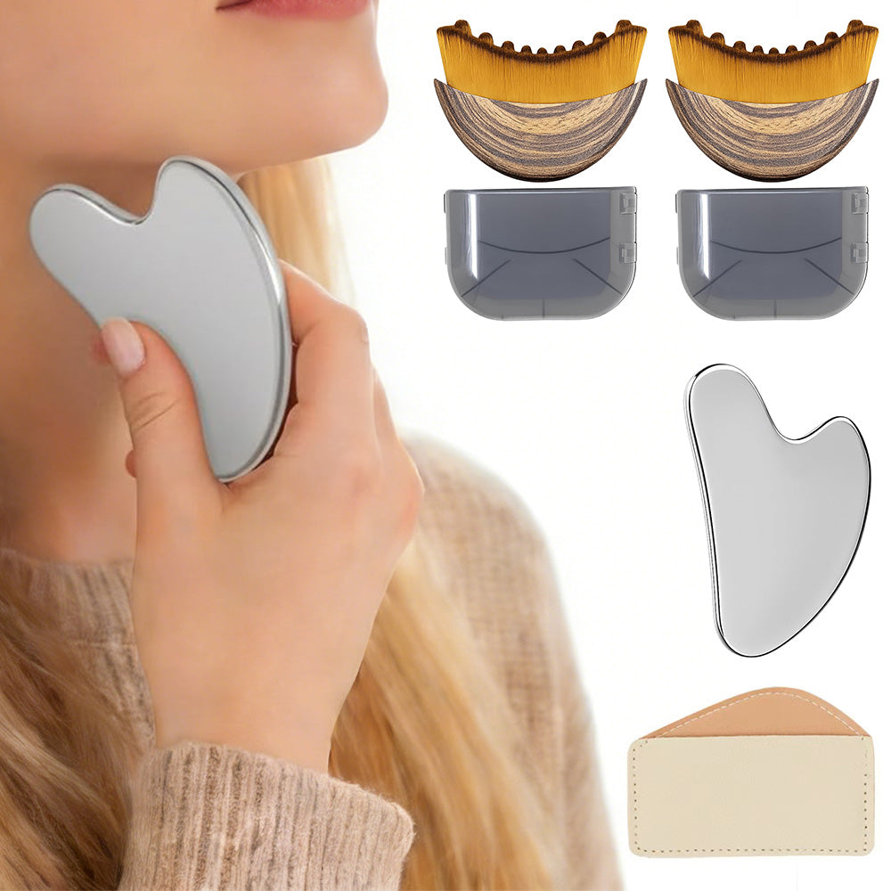 Stainless Steel Gua Sha Tool and Face Brush Set-Gold