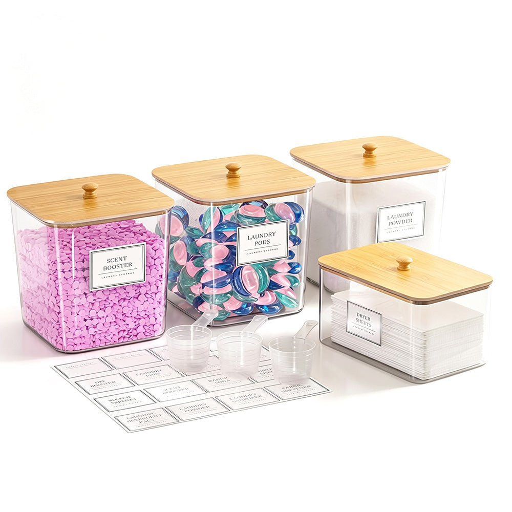 4Pcs Clear Laundry Storage Containers with Airtight Wooden Lids