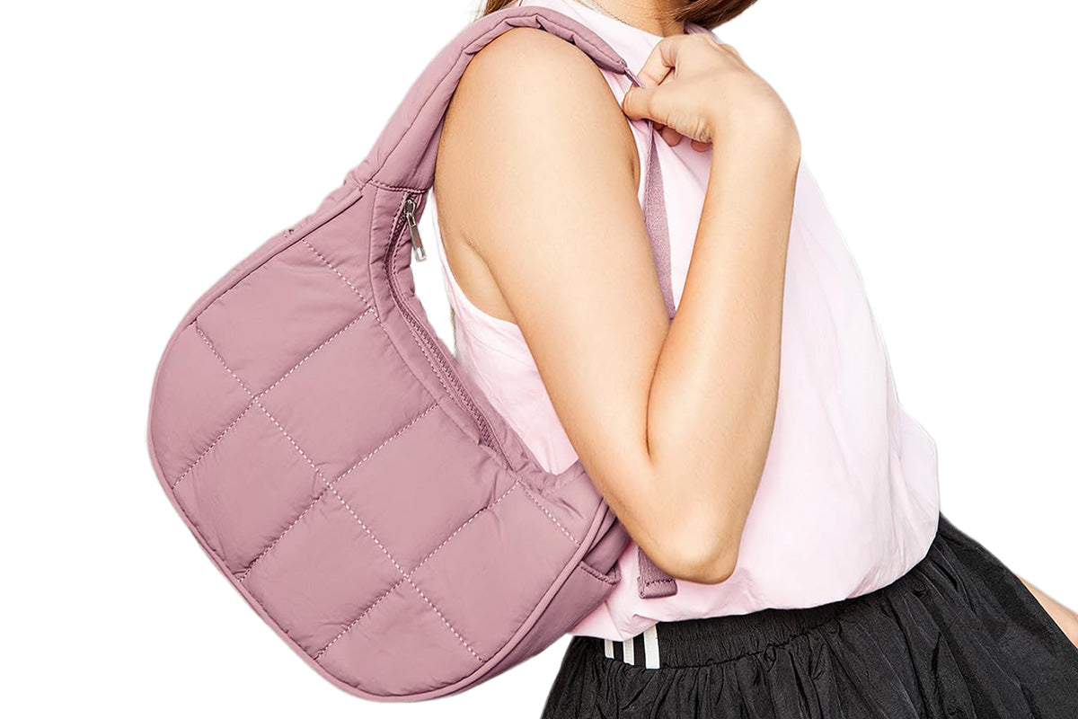 Small Puffer Crescent Shoulder Bag for Women Nylon Quilted Handbag with Adjustable Strap