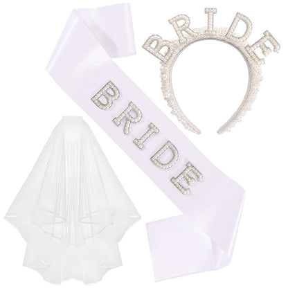 Bride Accessory Set with Veil Sash and Headband for Bachelorette Party Bridal Shower