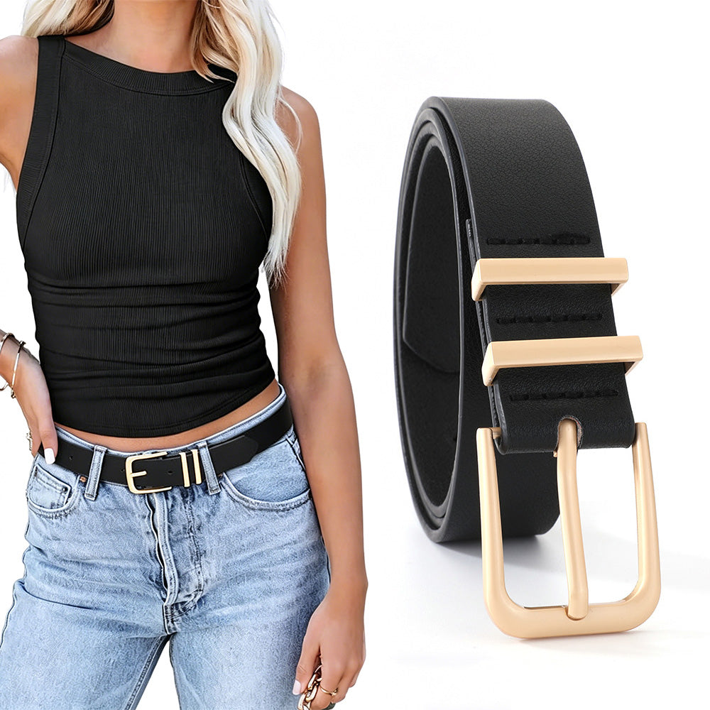 Women PU Leather Waist Belt Gold Pin Buckle Casual Belt for Jeans Dress