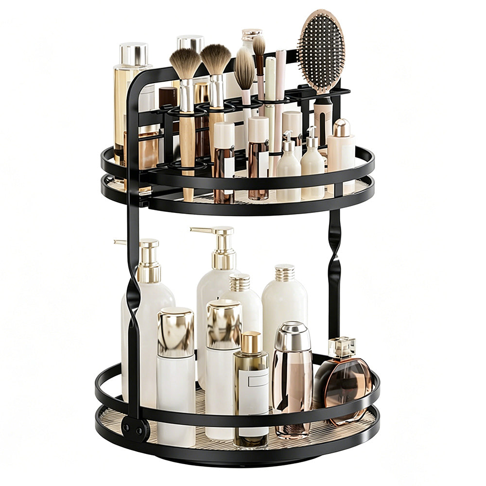 Rotating Makeup Organizer Double Layer with Brush Holder for Skincare Perfume