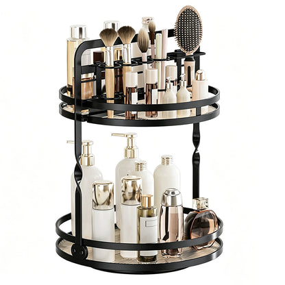 Rotating Makeup Organizer Double Layer with Brush Holder for Skincare Perfume