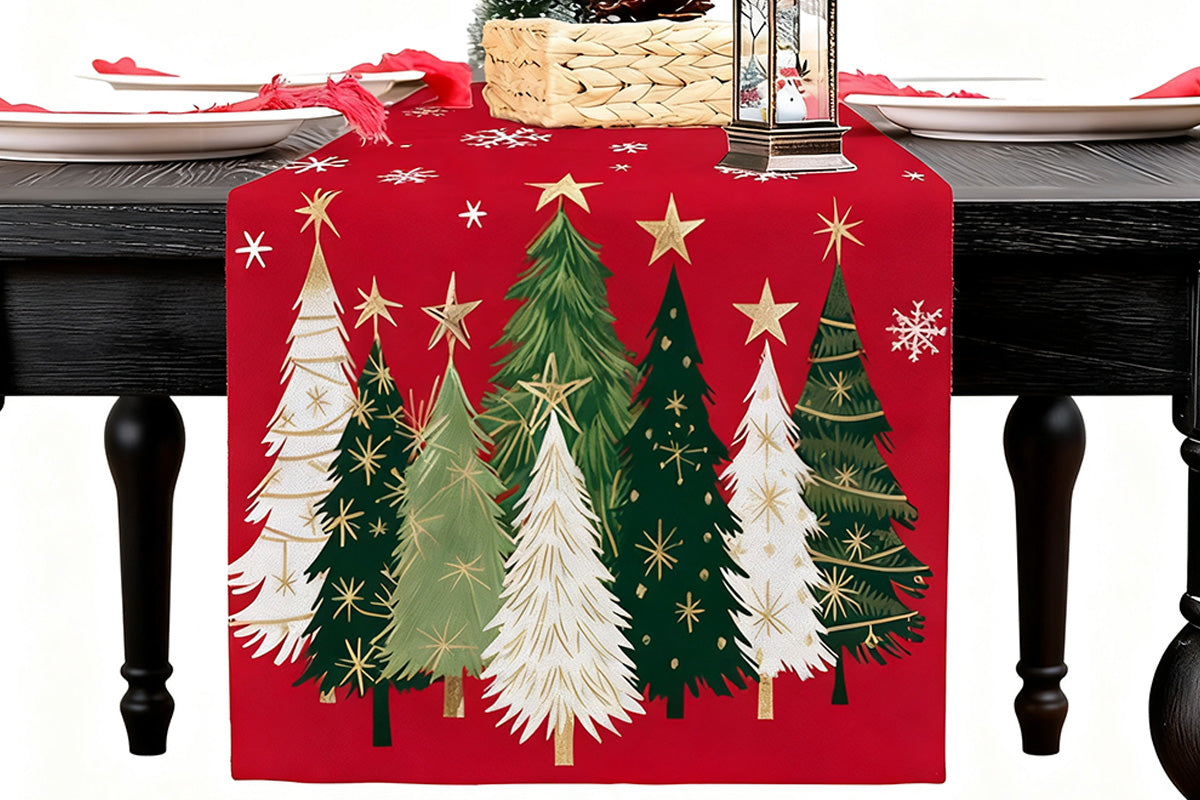 Christmas Table Runner Xmas Trees Tablecloth Cover For Kitchen Dinner Party