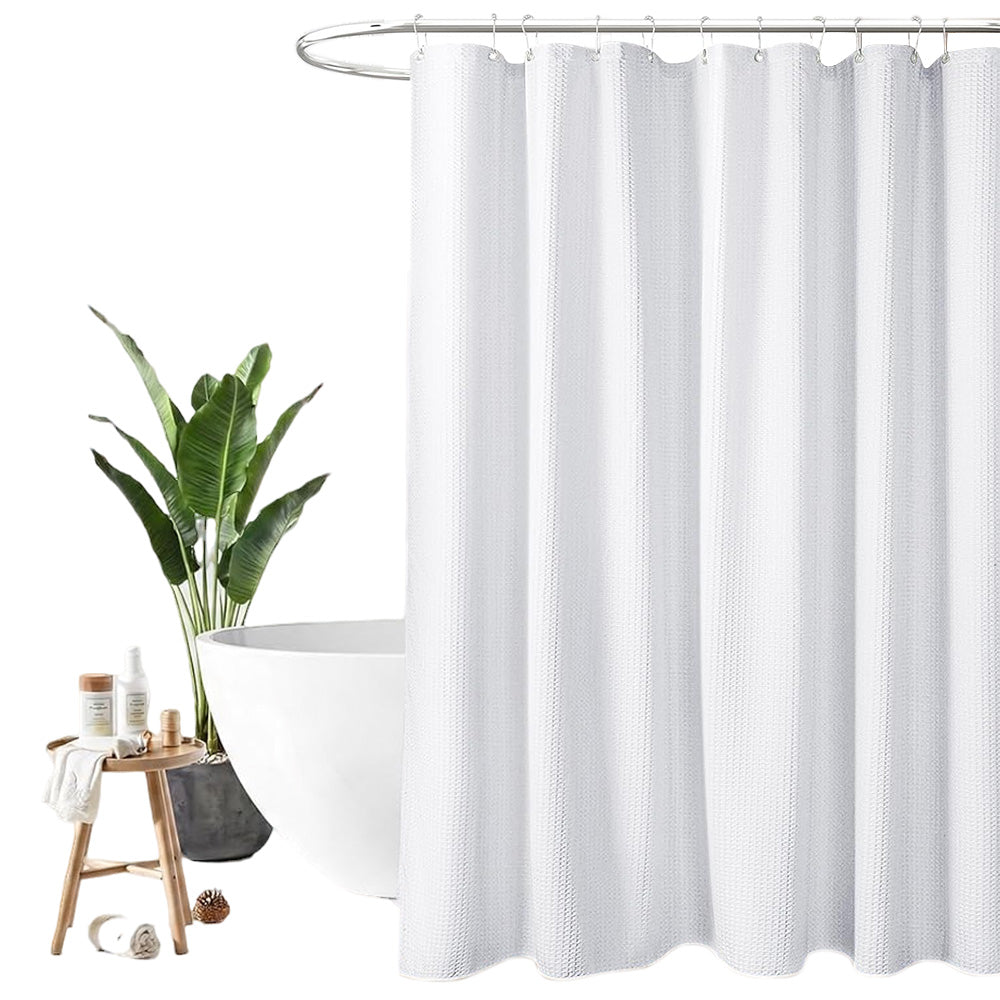 Waffle Weave Water Resistant Shower Curtain with 12 Rustproof Rings-White