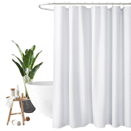 Waffle Weave Water Resistant Shower Curtain with 12 Rustproof Rings-White
