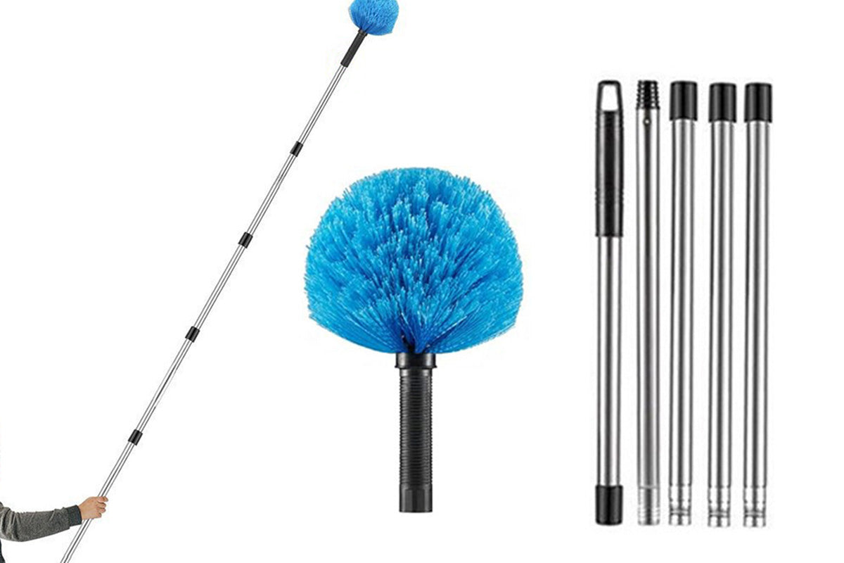 High Reach Blue Cobweb Duster With Extension Pole Spider Web Brush For Outdoor