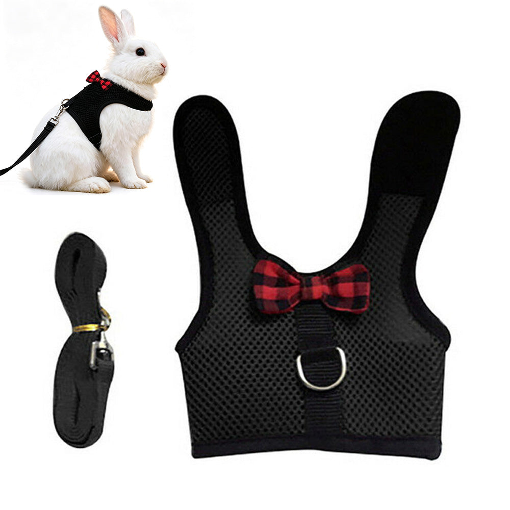 Rabbit Harness and Leash Set Adjustable Breathable Mesh Vest for Bunny Small Pets-Black