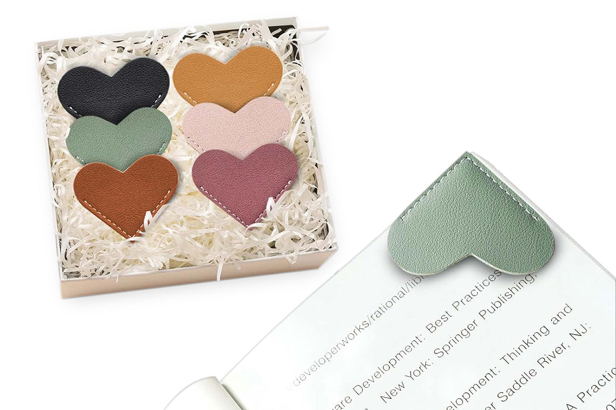 6pcs PU Leather Heart Bookmarks Cute Corner Page Protectors for Teachers Students Book Lovers
