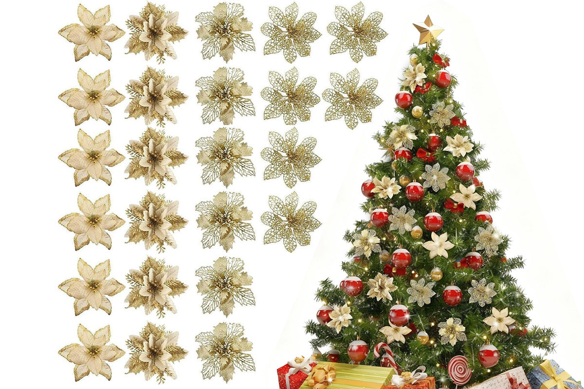 24Pcs Artificial Flowers Christmas Tree Decorations for Wreath Fireplace Stairs