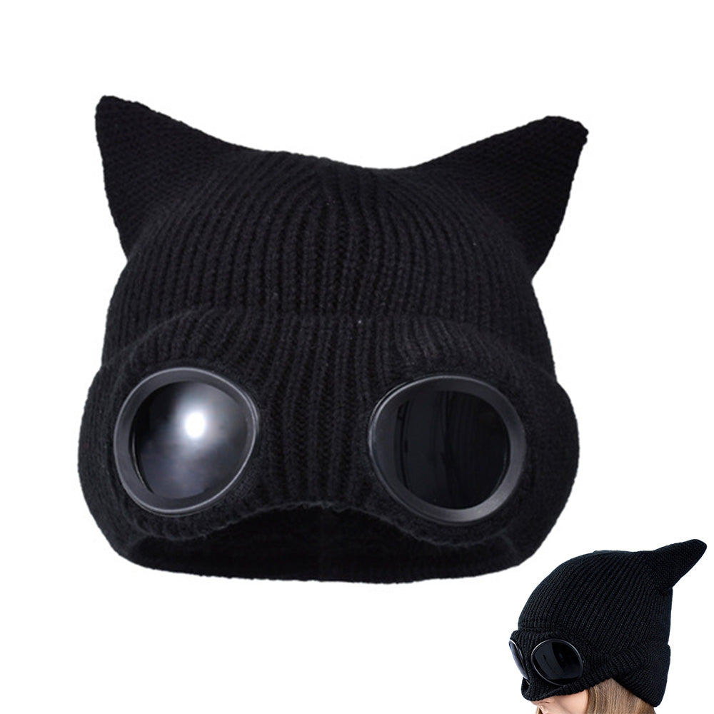 Double Layer Knit Winter Beanie with Goggles Cute Cat Ear Knit Beanie for Winter